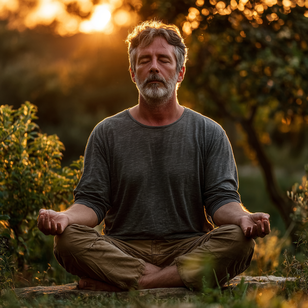 Mature man in his early 50s sitting in meditation pose outdoors during golden hour, surrounded by lush greenery, displaying peaceful concentration and mindful breathing with hands in mudra position