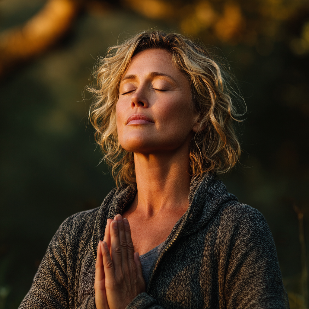 Peaceful woman in her 40s practicing yoga in a serene natural outdoor setting with trees and soft morning light, demonstrating mindfulness and inner tranquility through gentle stretching pose